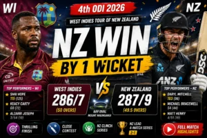 WI vs NZ 4th ODI 2026 – NZ Win by 1 Wicket